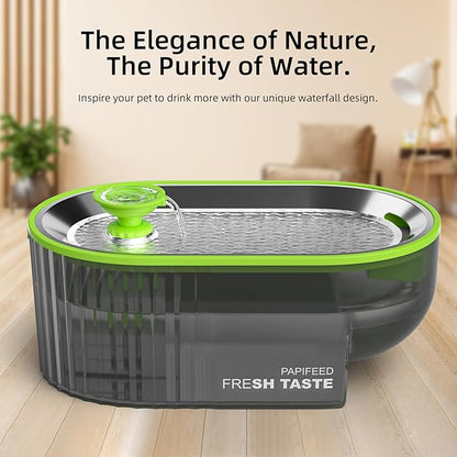 Cat Water Fountain Stainless Steel with a Silicone Mat, 84oz/2.5L Automatic Cat Water Fountain with Water Level Window and LED Light, Quiet Low Power Cat Water Bowl & Cat Water Dispenser (Green)