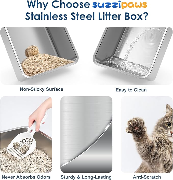 Suzzipaws Enclosed Stainless Steel Cat Litter Box with Lid Extra Large Litter Box for Big Cats XL Metal Litter Pan Tray with High Wall Sides Enclosure, Non-Sticky, Anti-Leakage (Grey)