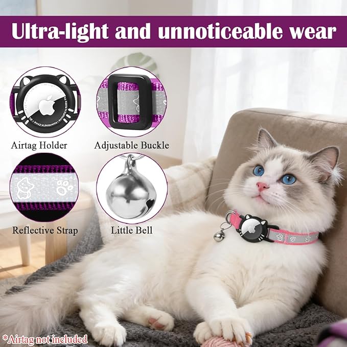 Airtag Cat Collar, Reflective Cat Collar with Apple Air Tag Holder, Breakaway GPS Tracker Pet Collar with Bell for Cat Kitten, Airtag Not Included, Pink, XS(7-9 Inch)
