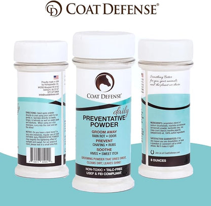 Coat Defense Daily Preventative Powder & Rain Rot Treatment for Horses | Safe & Effective Equine Sweet Itch, Skin Funk, Scratches | Dry Horse Shampoo, 8 oz. | All Natural Ingredients