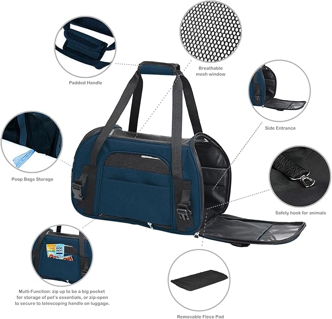 Dog Purse Carrier for Small Dogs, Soft-Sided Tote Bags with Pocket Dog Travel Supplies Portable Dog Sling with Anti-Slip Bottom (Navy Blue-19in)