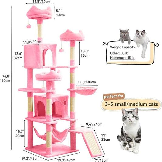 DWVO 75 in Multi-Level Cat Tower: Tall Cats Tree for Indoor Kittens, Pet Furniture with Kitty Condos, Top Perches, Sisal Ramp Scratching Posts, Cozy Basket, Hammocks, Pink
