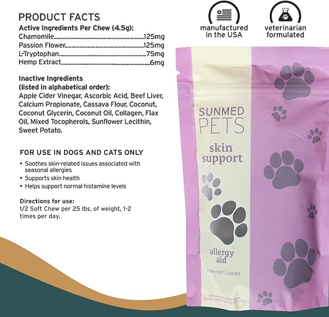 Sunmed Skin Support Dog Allergy Relief Chews – Natural Seasonal Allergy Relief with Nettle, Quercetin, & Green-Lipped Mussel – Soothes Itchy Skin, Supports Health – 40 Count
