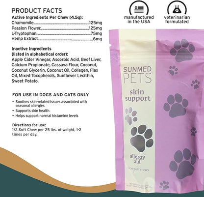 Sunmed Skin Support Dog Allergy Relief Chews – Natural Seasonal Allergy Relief with Nettle, Quercetin, & Green-Lipped Mussel – Soothes Itchy Skin, Supports Health – 40 Count