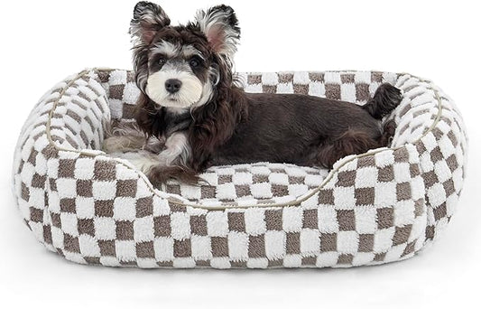 JOEJOY Dog Beds for Small Dogs -Cute Cat Beds for Indoor Cats Calming Pet Beds, Rectangle Orthopedic Cuddle Puppy Bed with Jacquard Shaggy Plush & Anti Slip Bottom, 20x19x6inches, Cofffee