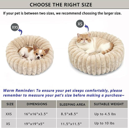 Small Pet Bed for Indoor Cats and Puppy - Washable Donut Extra Small Dog Beds for Small Dogs with Anti Slip Bottom, Fluffy Calming Round Bed for Puppy & Kitten Cozy Sleep, Beige, XS -19 Inch