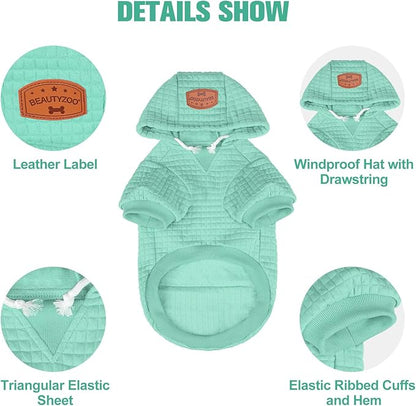 BEAUTYZOO Medium Dog Hoodie Sweater with Pockets, Dog Clothes for Small Medium Dogs Boy Girl, Waffle-Like Laminated Cotton Pet Coats with Hat and Leash Hole, Mint Green XL