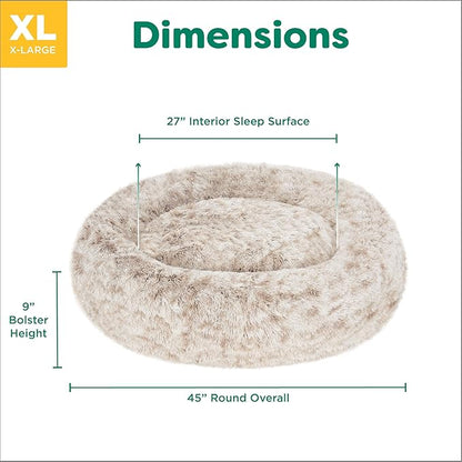 Furhaven 45" Round Calming Donut Dog Bed for Large Dogs, Refillable w/Removable Washable Cover, for Dogs Up to 90 lbs - Shaggy Plush Long Faux Fur Donut Bed - Driftwood Brown, Jumbo/XL