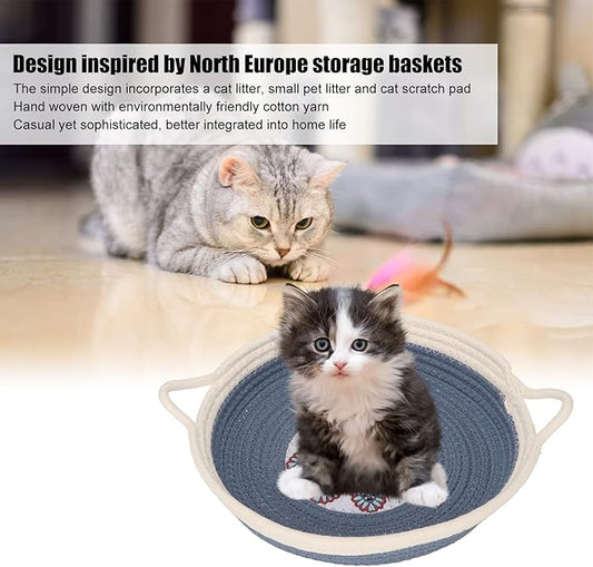 Cotton Rope Woven Cat Bed Simple Hand Woven Double Sided Cat Bed Basket for All Seasons(Dusty Blue)