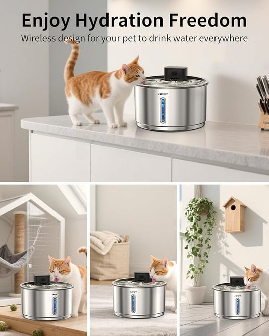 NPET Wireless Cat Fountain Stainless Steel, 1 Gallon/135oz Battery Operated Automatic Pet Drinking Fountain - Cordless Dog Water Dispenser with 8 Replacement Filters for Cats and Dogs Indoor