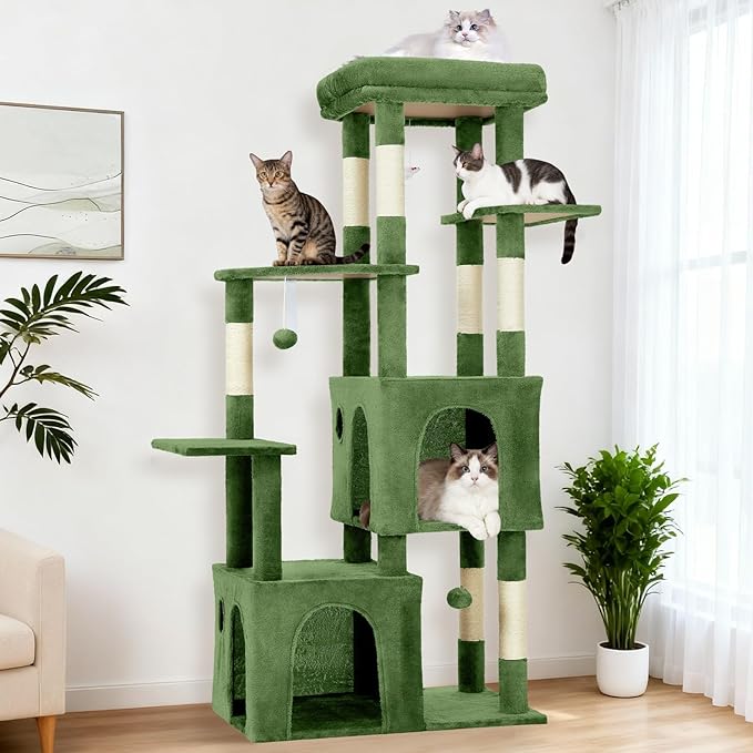 GarveeLife 61" Multi-Level Cat Tree for Indoor Cats, Heavy-Duty Tower for Large Adult & Maine Coon Cats with Oversized Perch, Dual Condos, Natural Sisal Scratching Posts & Play Toys – Green