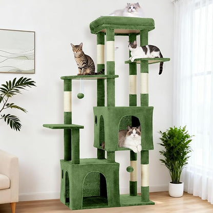 GarveeLife 61" Multi-Level Cat Tree for Indoor Cats, Heavy-Duty Tower for Large Adult & Maine Coon Cats with Oversized Perch, Dual Condos, Natural Sisal Scratching Posts & Play Toys – Green