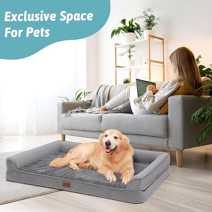 COZY KISS Orthopedic Dog Beds for Large Sized Dog, XL Bolster Pet Couch with Waterproof Lining, Egg Crate Foam Sofa for Pets Up to 100 lbs, U-Shaped, 42x30x7.5 inch, Grey
