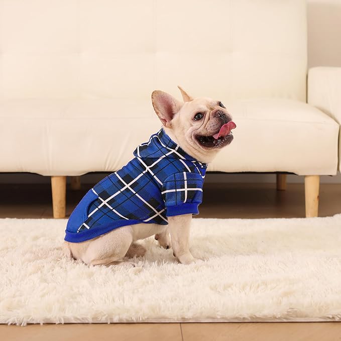 EXPAWLORER Plaid Dog Hoodie - British Style Warm Dog Sweater Shirt with Leash Hole,Pitbull Clothes Outfits,Winter Coat Apparel for All Breeds Puppy Girl Boy-Cat Apparel,Navy Blue X-Small