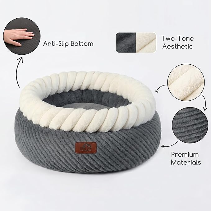 Hollypet Cat Bed for Indoor Cats Kitty Beds, Round Washable Fluffy Small Dog Bed, Soft Cozy Plush Pet Beds for Puppy and Kitten with Non-Slip Bottom (20" Diameter, Grey)