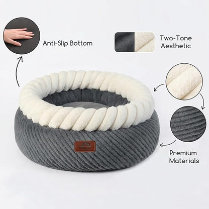 Hollypet Cat Bed for Indoor Cats Kitty Beds, Round Washable Fluffy Small Dog Bed, Soft Cozy Plush Pet Beds for Puppy and Kitten with Non-Slip Bottom (20" Diameter, Grey)