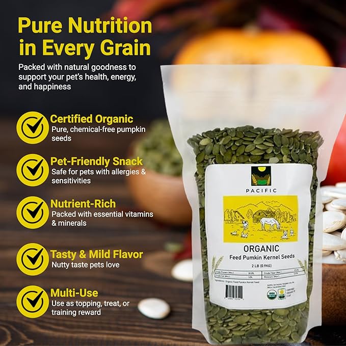 PACIFIC Organic Petfood Organic Feed Pumpkin Kernel Seeds - Organic Pumpkin Seeds for Dogs | Rich with Fiber & Minerals | USDA and CCOF Certified | Packed in USA - 5Lbs