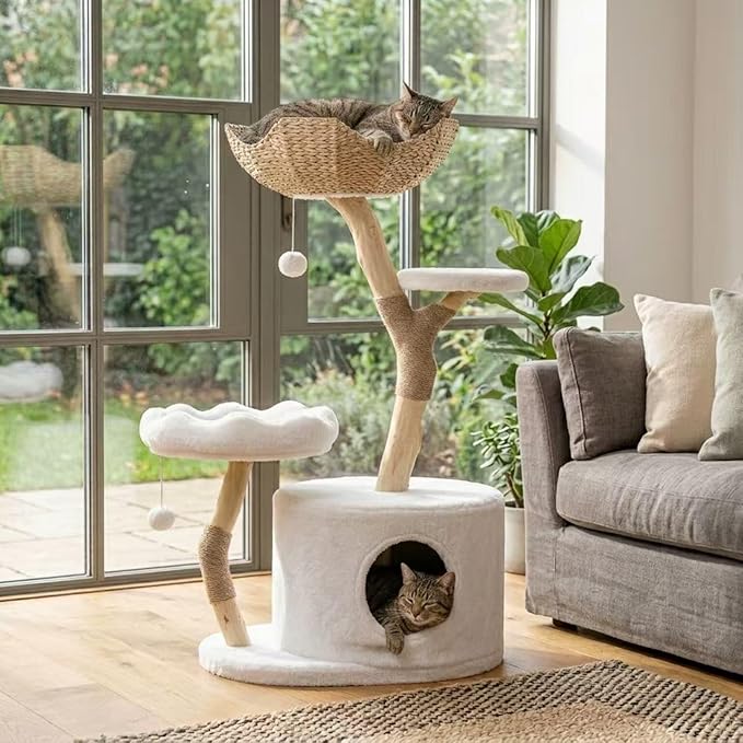 COSIEST 42.5" Tall Cat Tree Tower for Indoor Cats, Modern Cat Tower with Natural Sisal Scratching Posts, Ball & Resin Trunks, Rattan Cat Tree with Condo, Cat Furniture for Multi-Cat Households, White
