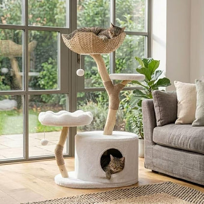 COSIEST 42.5" Tall Cat Tree Tower for Indoor Cats, Modern Cat Tower with Natural Sisal Scratching Posts, Ball & Resin Trunks, Rattan Cat Tree with Condo, Cat Furniture for Multi-Cat Households, White