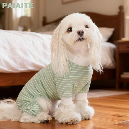 Paiaite Green Striped Dog Pajamas: 4-Legged Cotton Stretchable Jumpsuit Pjs - Lightweight Cozy Puppy Onesie Clothes, Comfortable Pet Sleepwear for Hair Shedding Coverage L