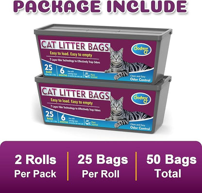 Cat Litter Refill Bags Compatible with Genie Easy Roll Litter Bin, 50 Count Bags Long Lasting Cat Bag Cartridge, 7-Layer Odor Control, Leak-Proof & Easy Tear Design