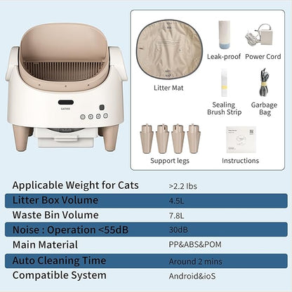 Self Cleaning Smart Litter Box APP Controlled Automatic Odor-Free Cat Toilet with Large Waste Bin Disposable Bags, Open Top Design for Single or Multi Cat Households