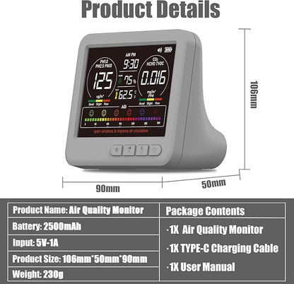 Professional Indoor Air Quality Monitor with AQI Alerts, Portable Real-Time Detector for Home, Car, Plants & Pets