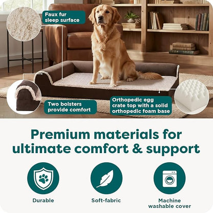 FurHaven Orthopedic Dog Bed for Large Dogs, L-Shaped Chaise Mattress, Egg Crate with a Solid Orthopedic Foam Base for Joint Support, Removable, Washable Cover, Jumbo XL, Plush & Velvet, Gray Almonds