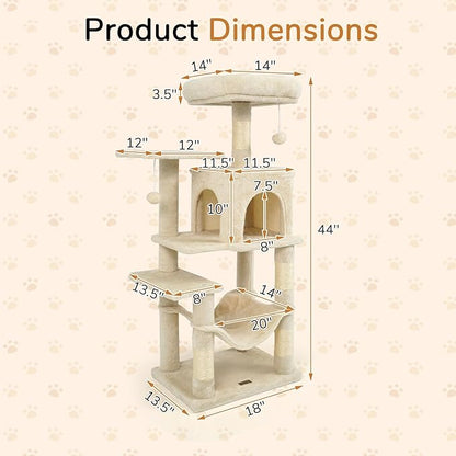 DORTALA Cat Tree for Indoor Cats, 44" Modern Cat Tower with Top Perch, Condo, Hammock, Sisal Scratching Posts, Dangling Balls, Platforms, Multi-Level Pet Climbing Furniture Playground (Beige)