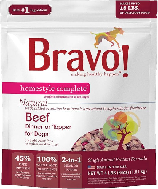 Bravo! Homestyle Complete Freeze Dried Raw Dog Food or Topper, Beef, 4 Pounds, Add Water to Rehydrate for up to 18 Pounds of Food, Grain Free, Gluten Free