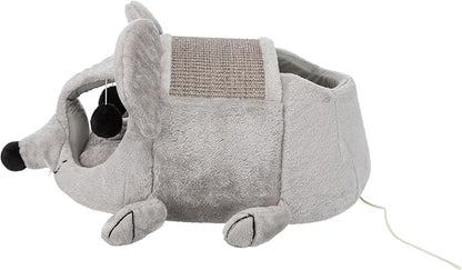 TRIXIE Lukas Cuddly Cave, Plush Mouse Character Cat Condo, Sisal Cat Scratcher, Crinkle Fabric, Padded Bed, Gray