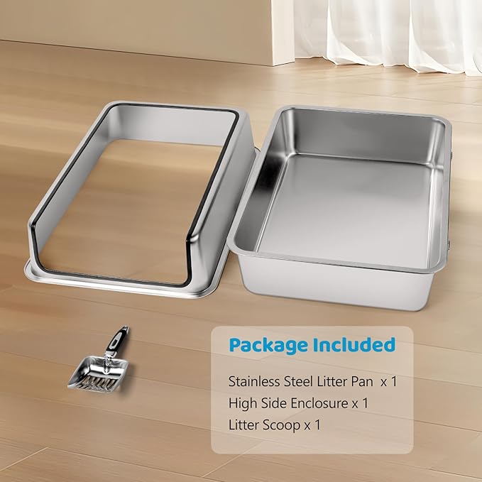 XXXL Stainless Steel Cat Litter Box, 28" L x 19.7" W x 12" H Extra Large Semi Enclosed Removable Metal Litter Tray with High Sided Enclosure, Scoop, Anti-Leakage, Non-Sticky, Easy Cleaning