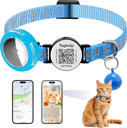 Paw Print AirTag Cat Collar - Waterproof Breakaway Reflective Collar with Bell, Secure Apple Airtag Holder & Safety Buckle | Pet Supplies, Gifts for Cat Owners (Blue)