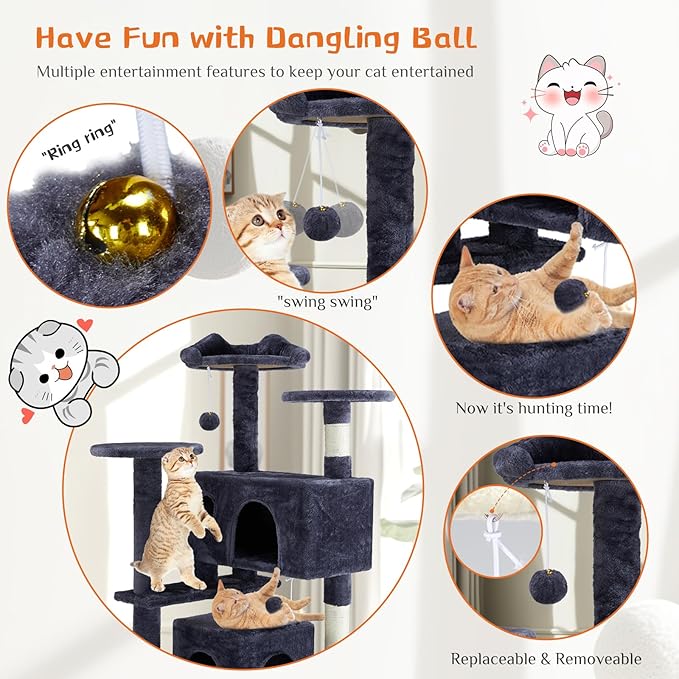FluffyDream Cat Tree Tower for Indoor Cats, 54 Inches Multi-Level Activity Cat Tree with Sisal Scratching Posts Cat Play House Condo for Large Cat Kittens, Gray