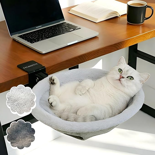 Cozy Cat Desk Bed for Home Office, Sunken Hanging Cat Hammock with 2 Replaceable Pads, Breathable Summer Cushion and Warm Winter Plush, Space Saving Foldable Desk Cat Bed Supports up to 40lb for Cats