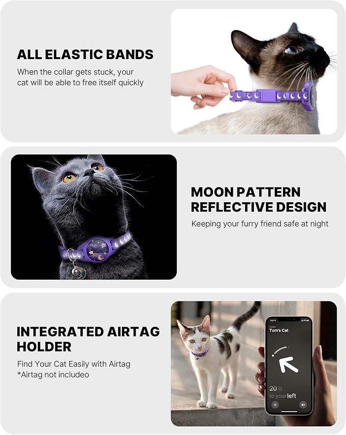 typecase Reflective Breakaway Cat Collar with AirTag Holder, Purple & White | Purple Reflective Breakaway Cat Collar With Bell And Silicone AirTag Holder; Adjustable 8-12 In; AirTag Not Included