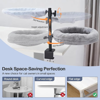 Odoland 2 in 1 Cat Desk Bed - Cat Hammock for Home Workers - 360 Rotating Adjustable Heigh Desktop Perch Clamp with Replace Mattress - Max Weight 80LBS for Kitten Adult Cats Small Pet