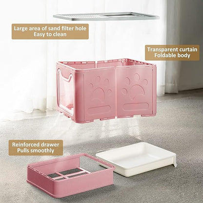 Panghuhu88 Foldable Litter Box With Lid, Large Top Entry Cat Toilet, Enclosed Potty Include Litter Scoop, Drawer Type Easy Clean Pan (Pink, 20" L x 16" W x 15" H)