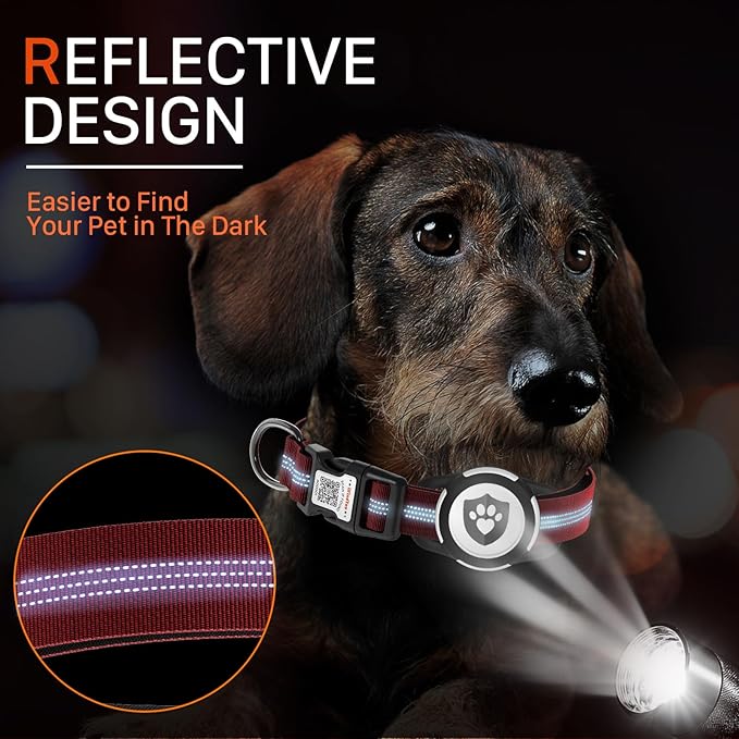 Reflective Dog Collar with AirTag Holder for Puppy Soft Nylon Burgundy Sized XS
