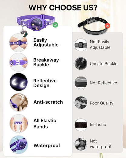 typecase Reflective Breakaway Cat Collar with AirTag Holder, Purple & White | Purple Reflective Breakaway Cat Collar With Bell And Silicone AirTag Holder; Adjustable 8-12 In; AirTag Not Included