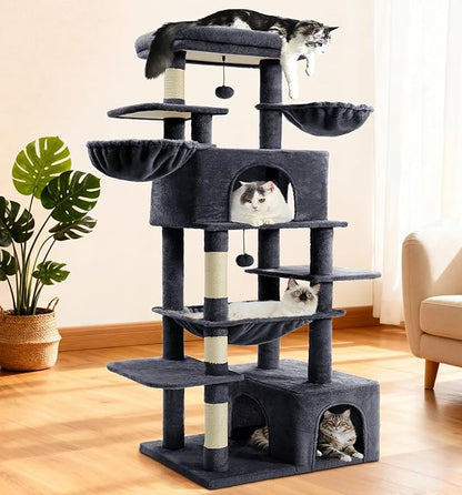 ABCPET Cat Tree Large Cat Tower Tree 68" Multi-Level Cat Tower for Indoor Cats with Sisal Scratching Posts, Widen Cat Perche, Square Hammock, 2 Widen Condos, Scratching Posts, Grey