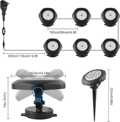 RGBW Pond Lights with Timer, 18 LED Underwater Submersible Fountain Lights Color Changing Landscape Spotlights Remote Control IP68 Waterproof for Fish Aquarium Tank Yard Garden Pool (Set of 6)