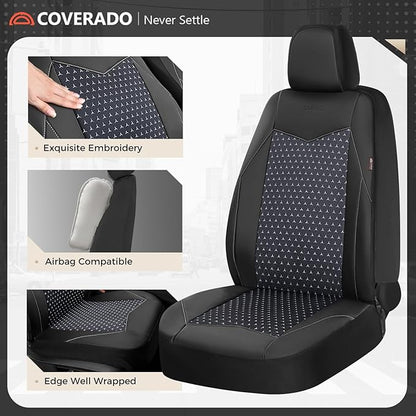 Coverado Front Seat Covers, Breathable Mesh & Leather Car Seat Protectors, Black Driver Seat Cover, Car Seat Cushions, Universal Automotive Seat Covers Fit for Most Sedans SUV Truck, Black