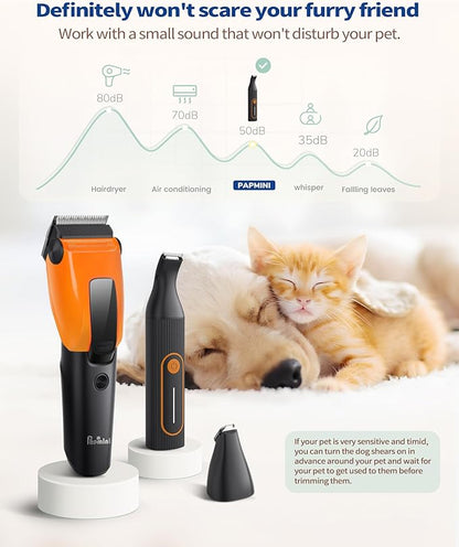 PAPMINI Dog & Cat Grooming Kit for Thick Coats, Heavy Duty Rechargeable Trimmer with LED Display & Storage Bag (Orange, 2 in 1)