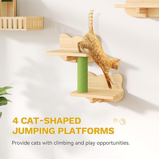 YITAHOME Cat Wall Shelves with Scratching Post, Cat Tower with Solid Wood Wall Shelves, Multi-Level Cat Climbing Furniture with Hideout & Runway