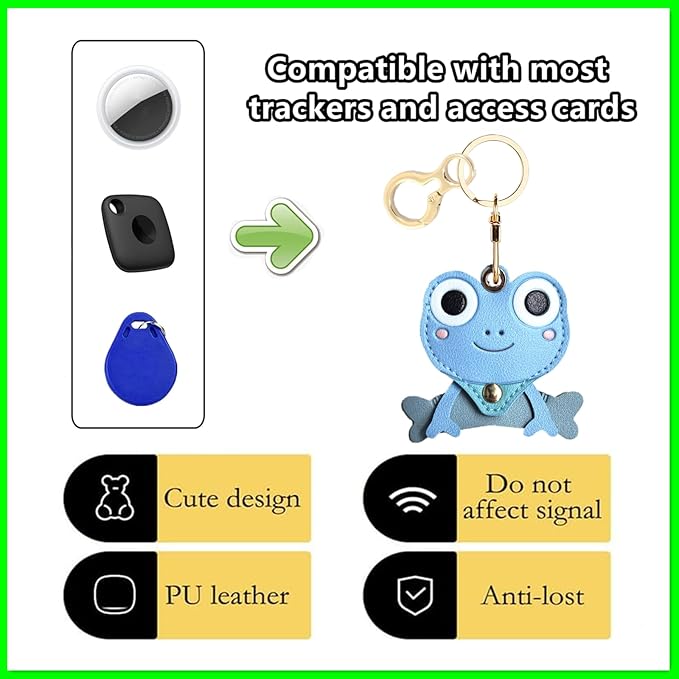 Leather Keychain Holder Case Compatible with AirTag,Cute Protective Cover with Keyring,Anti-Scratch Finder GPS Tracker Case for Wallet Keys,bag,pets,Backpack(Frog Blue)