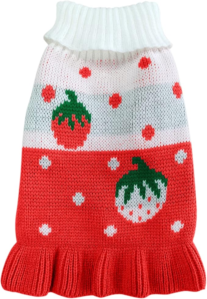 CHBORCHICEN Pet Dog Sweaters Classic Knitwear Turtleneck Winter Warm Puppy Clothing Cute Strawberry and Heart Doggie Sweater (XXS, Dress-Red1)
