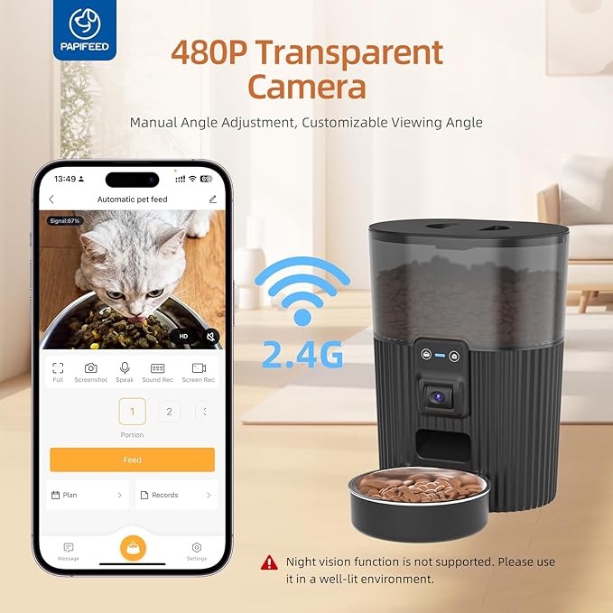 PAPIFEED Automatic Cat Feeder with Camera, Adjustable Angle 2.4G WiFi Pet Feeder 3L/12 Cup Timed Dispenser,Timed Feeder for Remote Feeding with Stainless Steel Bowl up to 10 Meals Per Day with APP