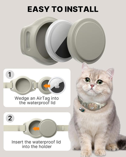 typecase Reflective Breakaway Cat Collar with AirTag Holder, Khaki & White | Khaki Reflective Breakaway Cat Collar With Bell And Silicone AirTag Holder; Adjustable 8-12 In; AirTag Not Included