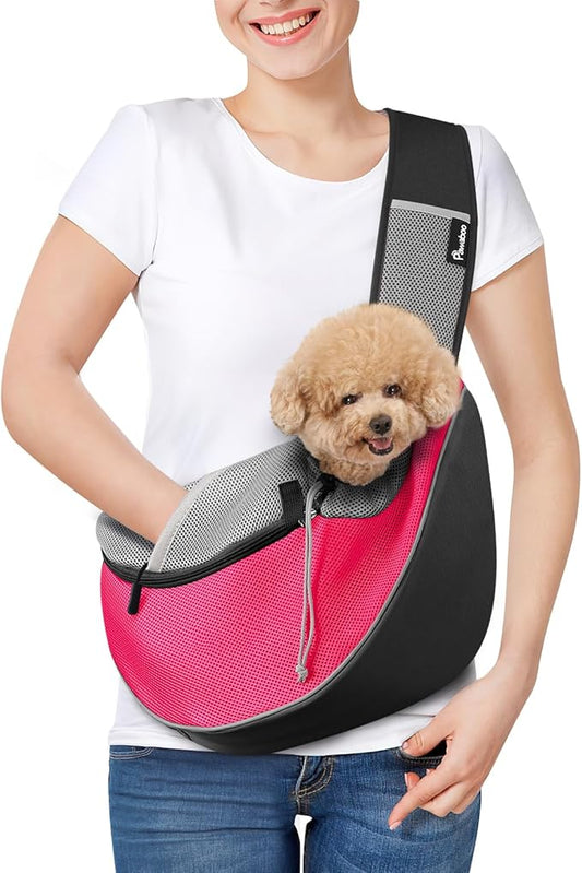 Pawaboo Pet Dog Sling Carrier, Hand Free Breathable Mesh Puppy Carrier, Dog Papoose with Zipper Touch Pocket and Adjustable Strap, Crossbody Satchel Dogs Purse for Outdoor, M, Pink